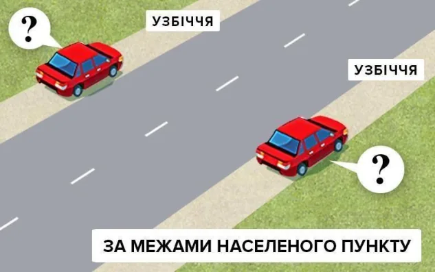 Ілюстрація до питання: У якому місці водій червоного автомобіля повинен зупинити транспортний засіб на дорозі за межами населених…