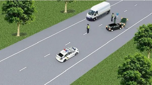 Ілюстрація до питання: Наближаючись до нерухомого автомобіля з увімкненим проблисковим маячком синього кольору, що стоїть на узбіччі…