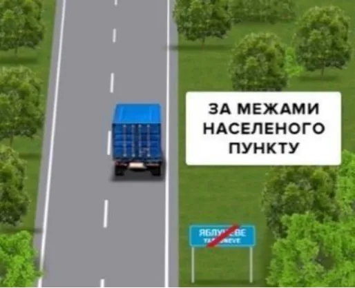 Ілюстрація до питання: Яка максимальна швидкість встановлена для всіх вантажних автомобілів на цій дорозі за межами населених…