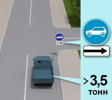 Ілюстрація до питання: У яких напрямках дозволено рух вантажного автомобіля в зображеній ситуації, якщо його дозволена максимальна…