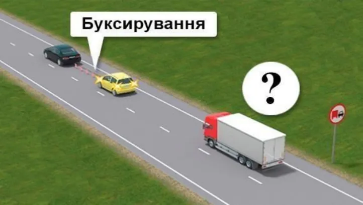 Ілюстрація до питання: Чи дозволено водієві вантажного автомобіля виконати обгін у зображеній ситуації, якщо состав, який обганяють…